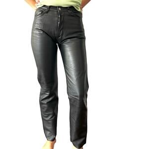 Vintage Leather High Waist Button Fly Black Straight Leg Leather Pants 28
